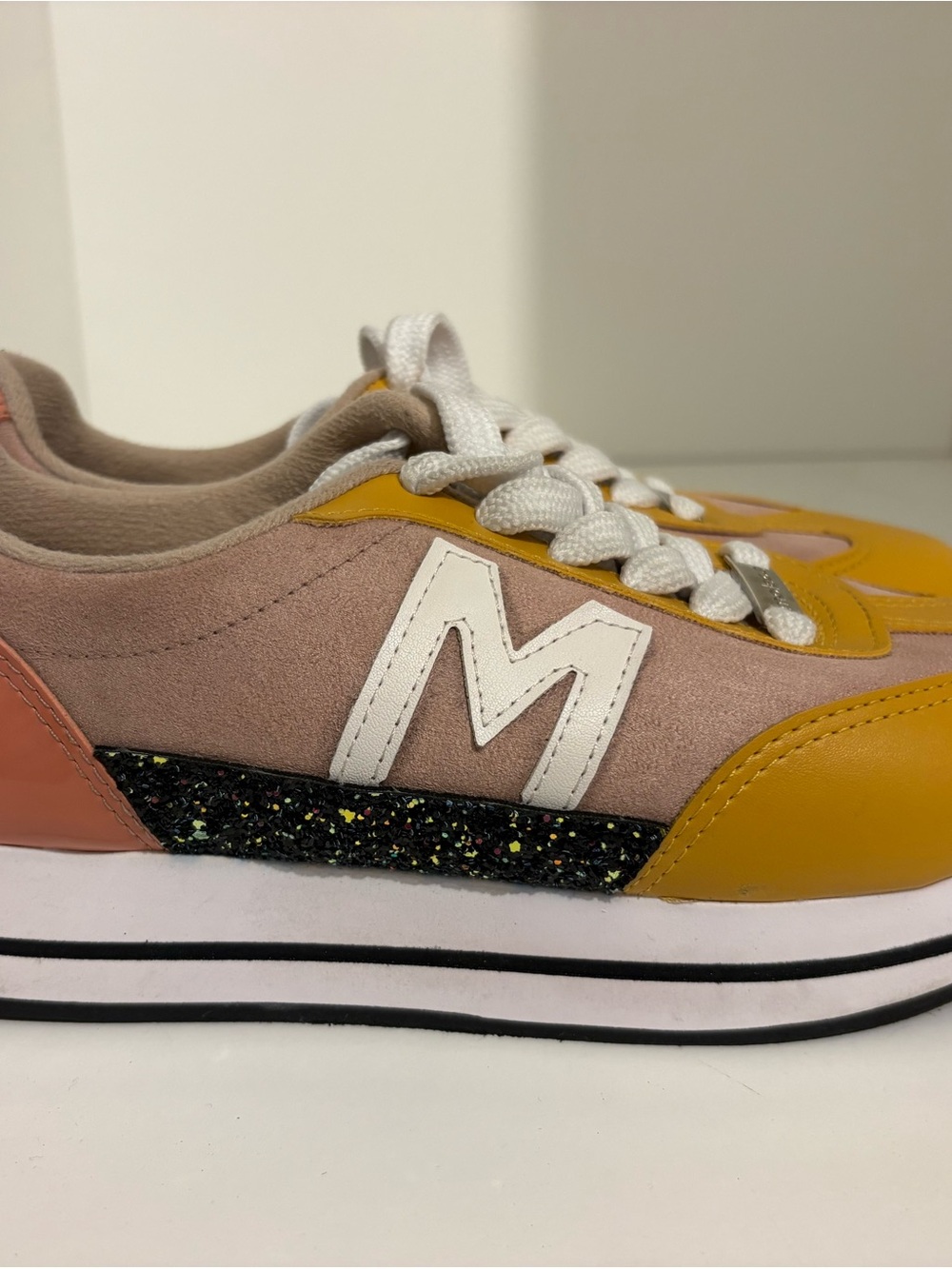 Women’s Pink and Yellow Retro Suede Glitter Sneakers - Moleca